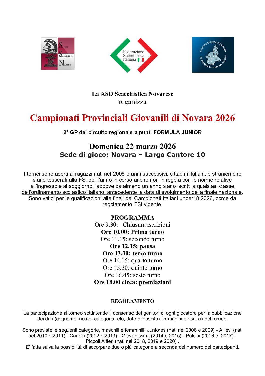 Domenica 22 marzo i Campionati Provinciali Giovanili